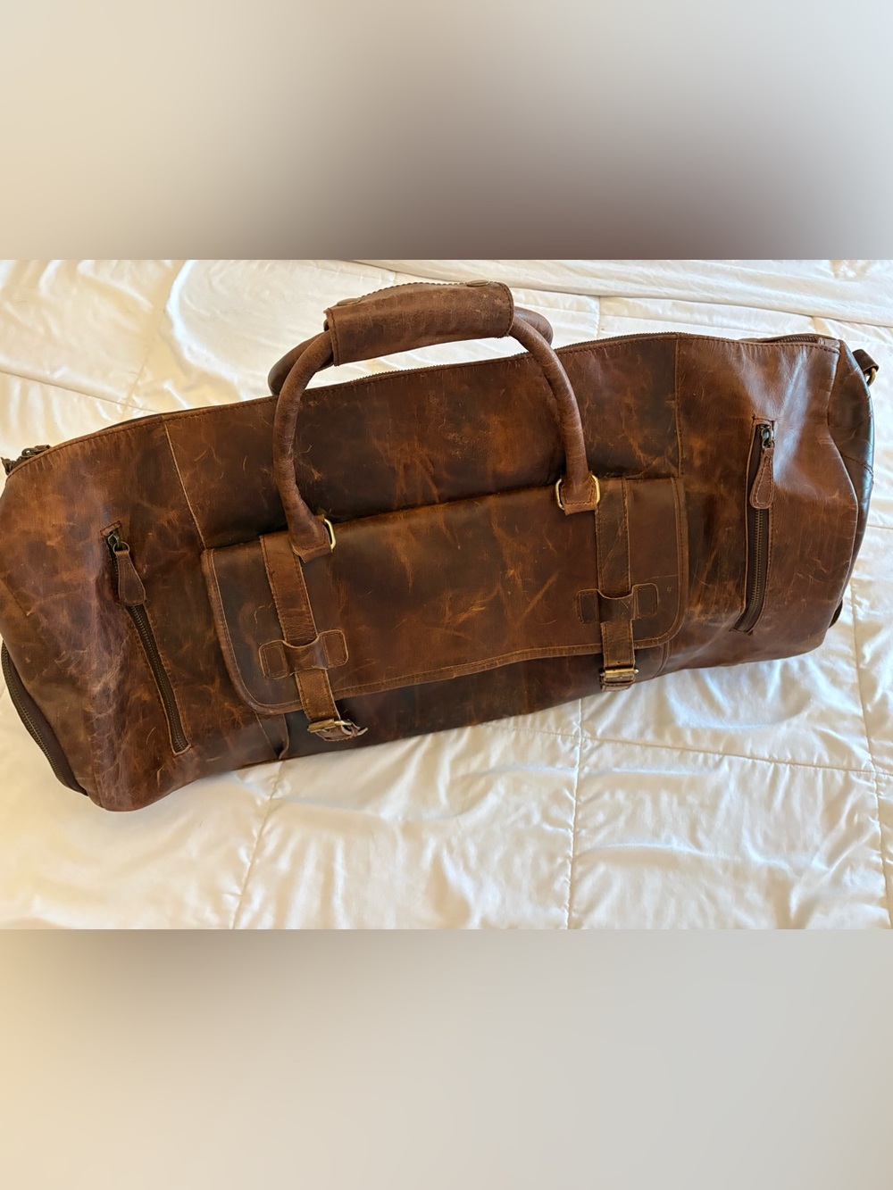 Classic Brown Leather duffel bag with Dual Top Handles
